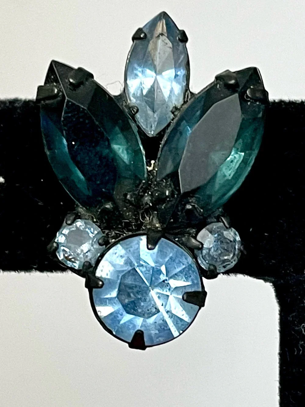 Vintage Blue Teal Rhinestone Clip Earrings Black Japanned Navette MCM Art Deco
